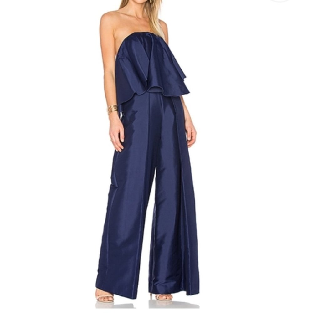 Solace London deep blue wide leg strapless jumpsuit, size 6
